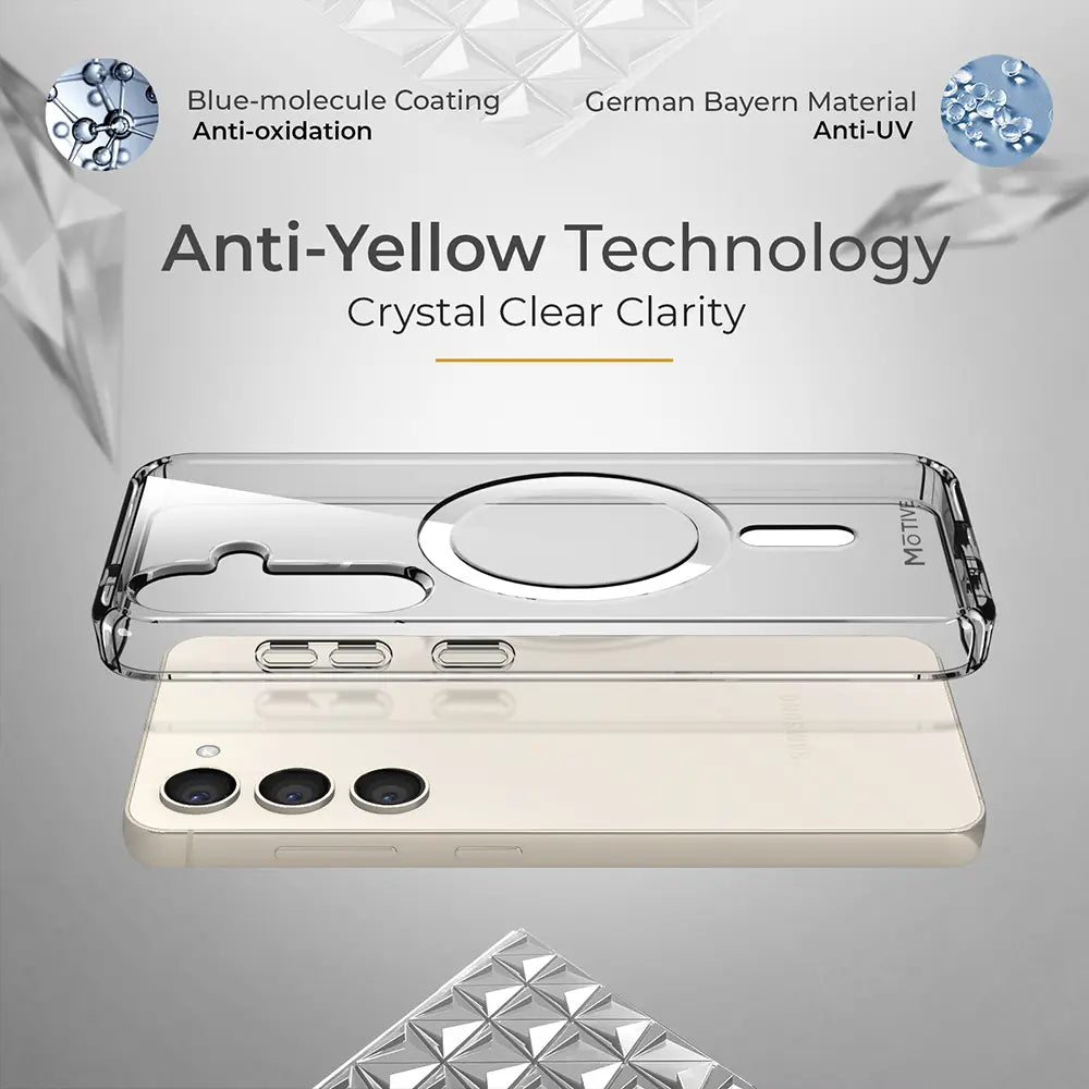 Clear case for Galaxy S24 Plus with anti-yellow technology and shockproof design.