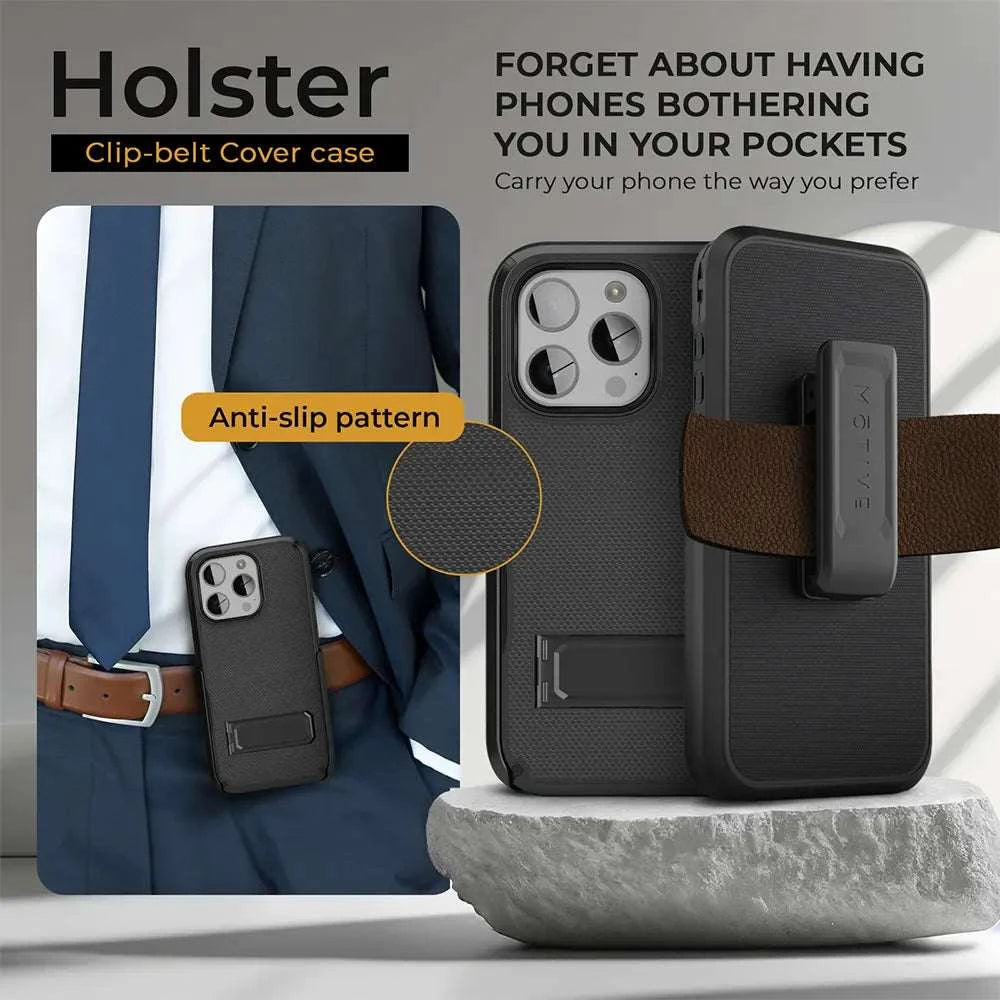 Secure black phone case with a reinforced belt clip. The anti-slip pattern prevents accidental drops. Keep your phone safe while on the go. #phonecase #secure #protection