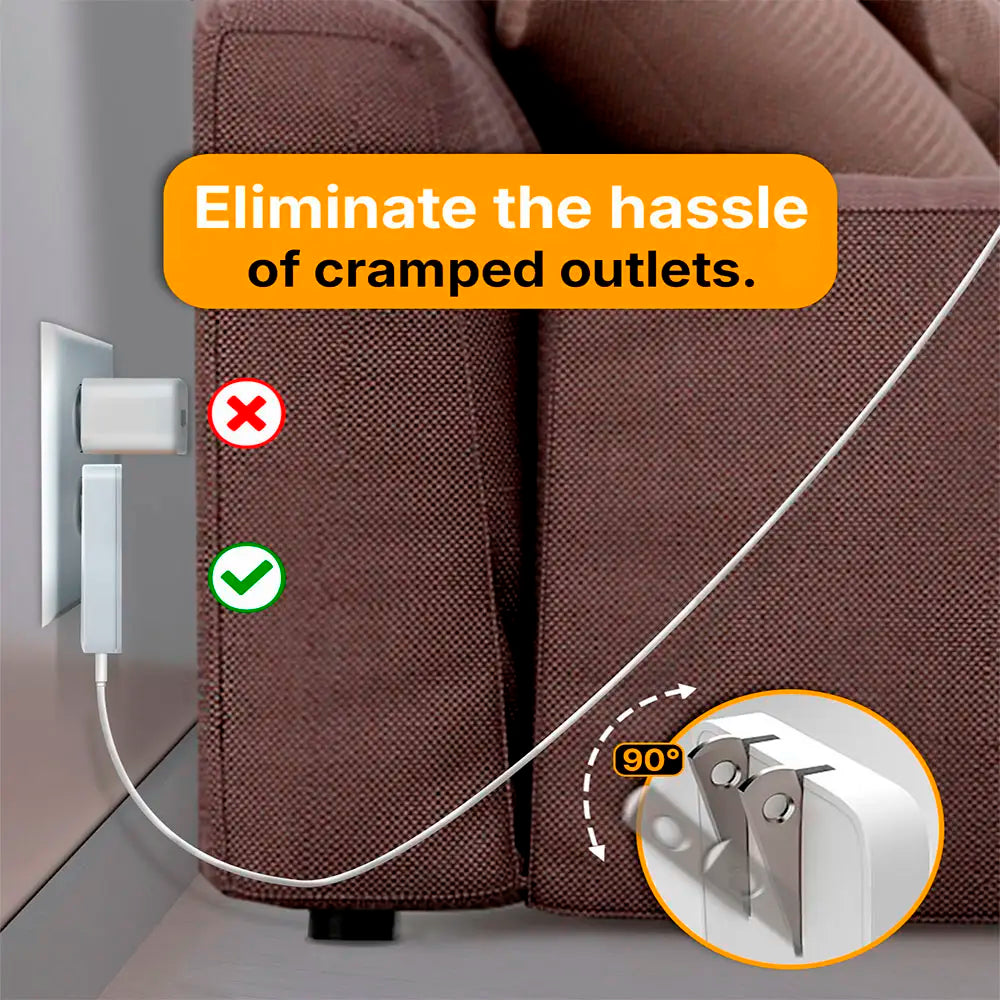 Flat Wall Charger with dual USB-C & USB-A ports in use behind a couch, highlighting compact design and ease of access to tight outlets.