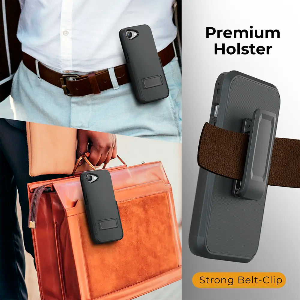 iPhone 16e case with holster, durable kickstand, military-grade protection, rotatable belt clip.