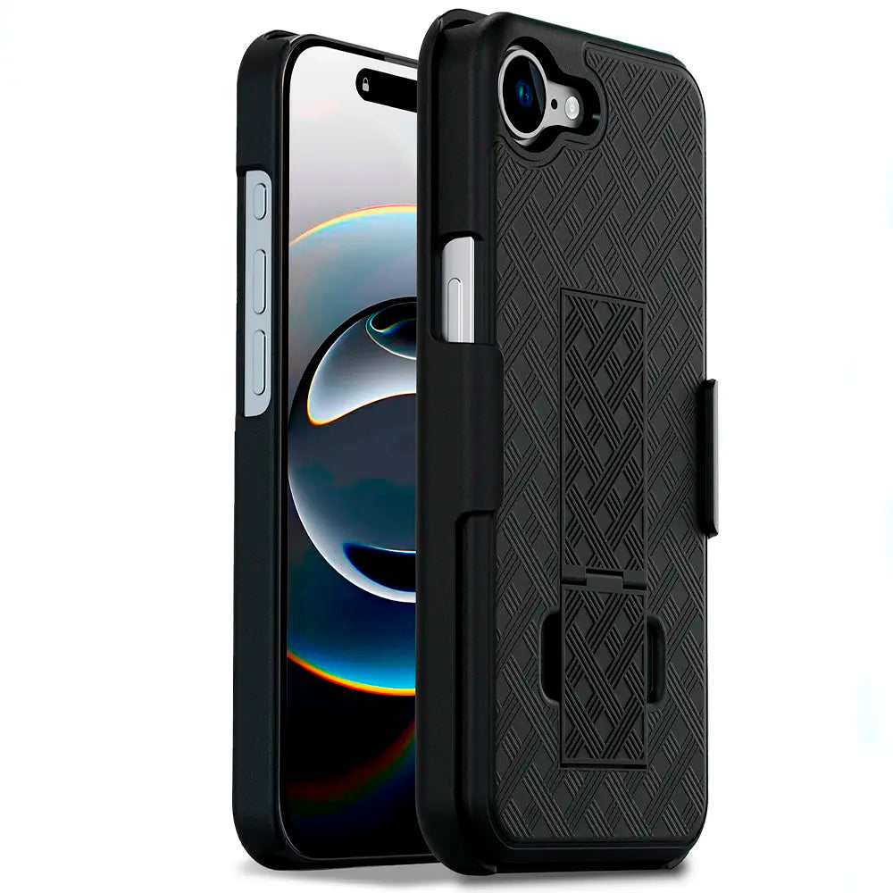 Durable iPhone 16e holster case with belt clip and kickstand.