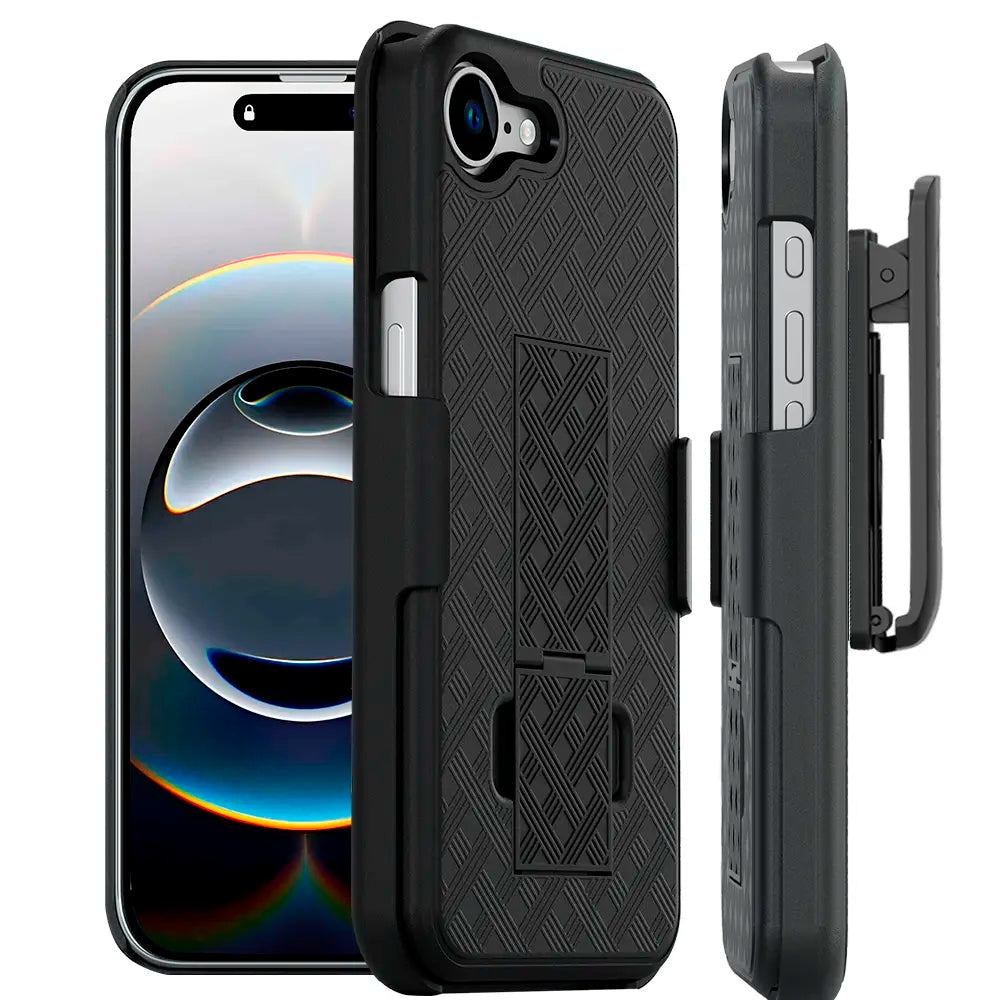 Durable iPhone 16e holster case with belt clip and kickstand.