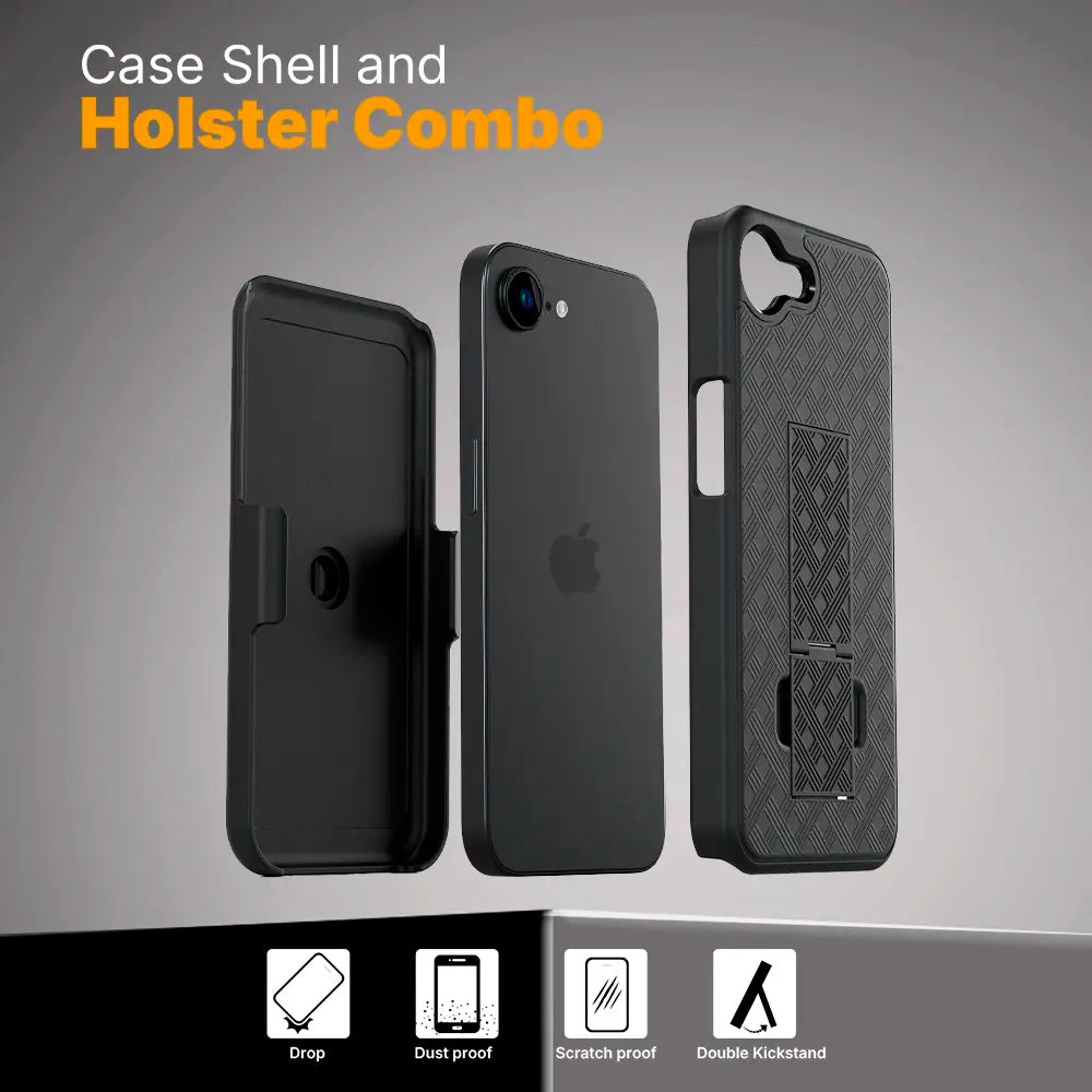 Durable iPhone 16e holster with belt clip and kickstand, rugged protection case.