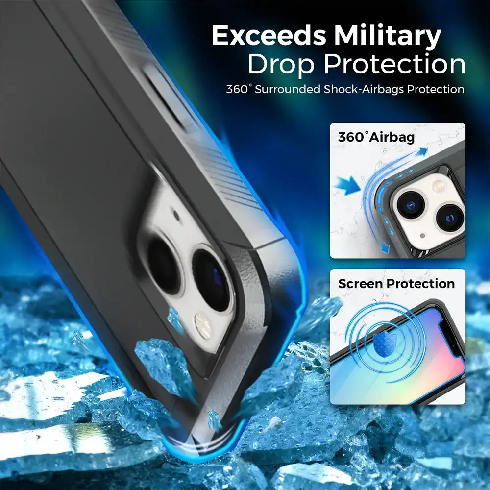 Durable black iPhone 13 case with built-in airbags for superior shock absorption. The image demonstrates the case's ability to withstand drops from various angles. #iPhone13 #iPhone13case #durablecase #dropprotection #airbags