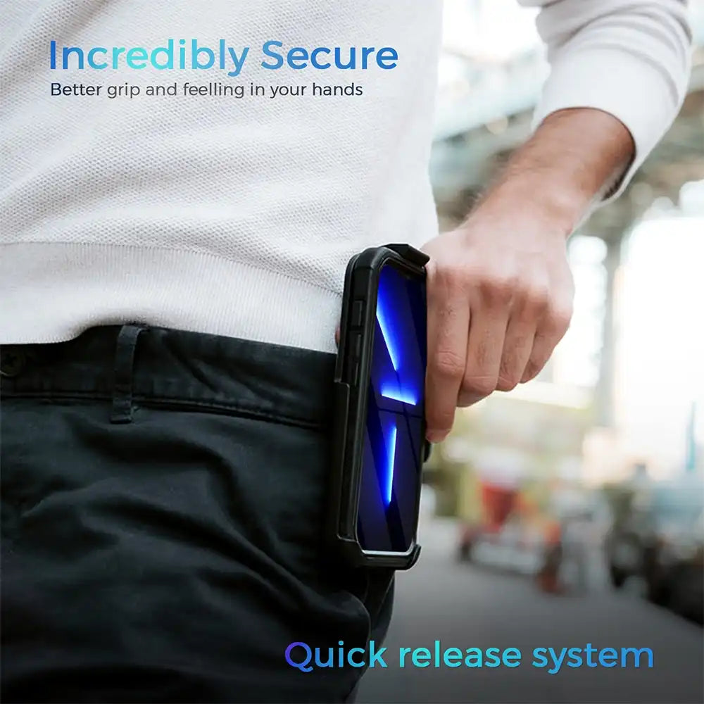 Close-up of a person using a smartphone in a protective case with a belt clip. The image highlights the case's secure fit and quick release mechanism. #SmartphoneCase #ProtectiveCase #BeltClip #SecureFit