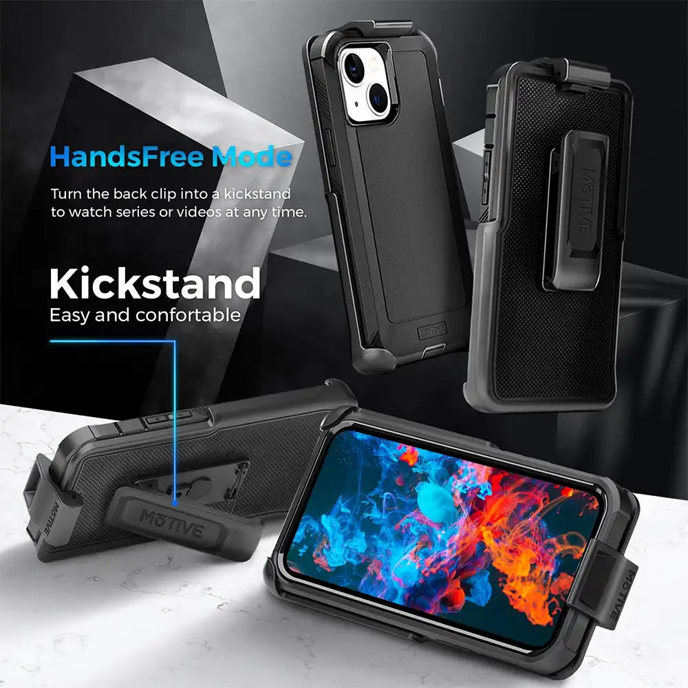 Versatile black iPhone 13 holster with a built-in kickstand for hands-free viewing. The rugged design and strong belt clip make it perfect for any adventure. #iPhone13 #iPhone13case #iPhone13holster #kickstand #versatile