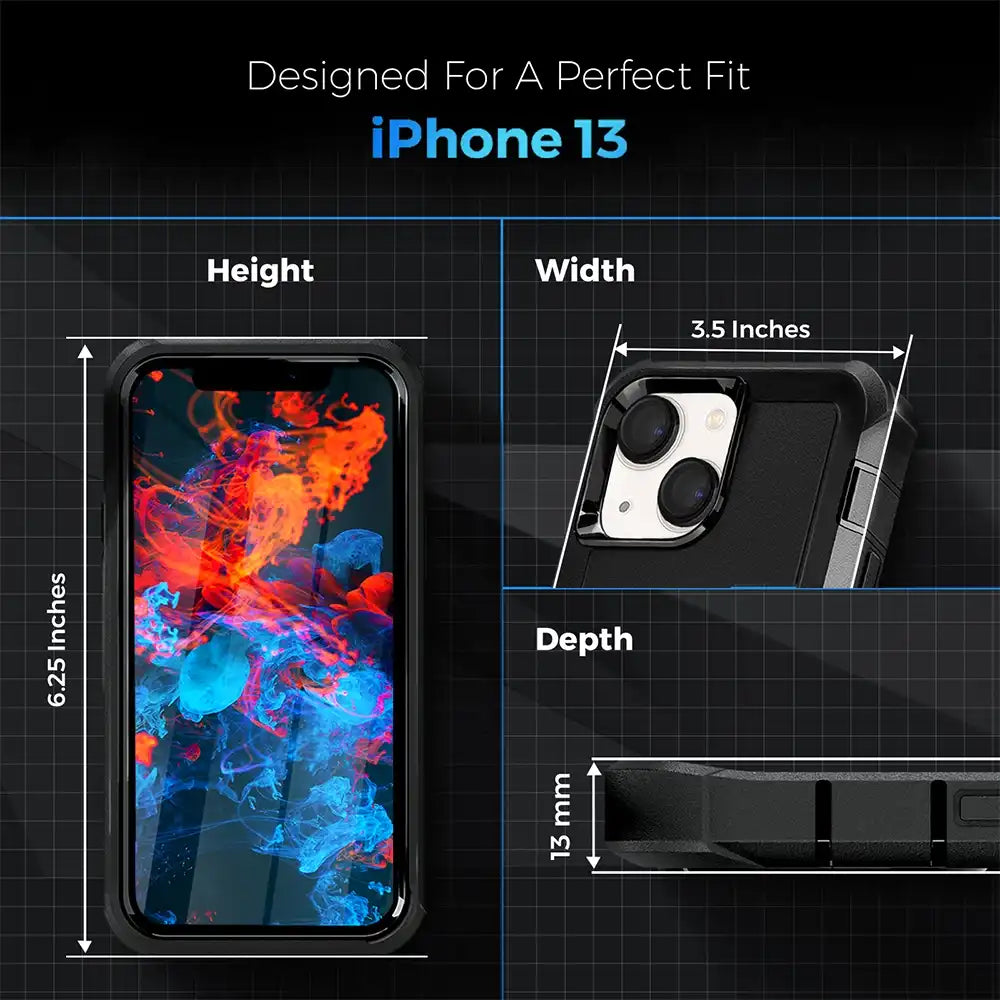 Detailed dimensions of a black iPhone 13 case, showcasing a perfect fit with measurements for height, width, and depth. The image highlights the precise engineering for optimal protection. #iPhone13 #iPhone13case #dimensions #perfectfit