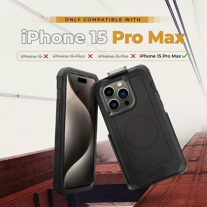 Heavy duty iPhone 15 Pro Max case with belt clip and kickstand, featuring quad-layer protection and military-grade shockproof design.