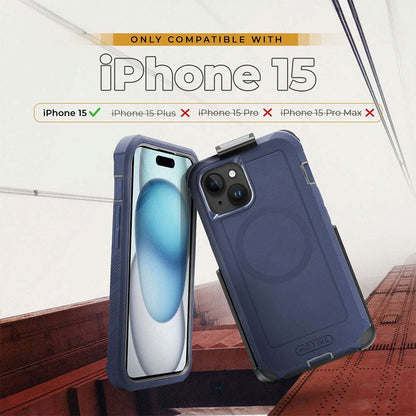 iPhone 15 case with belt clip, heavy duty holster protection, military-grade, shockproof, wireless charging compatible.