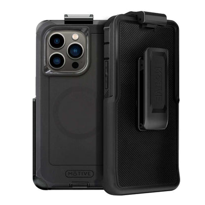 iPhone 15 Pro heavy duty case with holster and kickstand, black rugged design, military-grade shockproof protection.