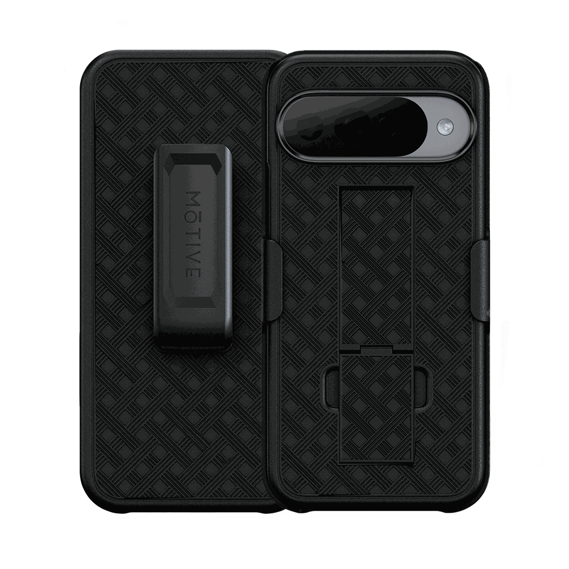 Front and back view of the Motivecase Ranger V1 case and holster combo for the Google Pixel 10 Pro.