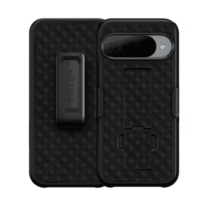 Front and back view of the Motivecase Ranger V1 case and holster combo for the Google Pixel 10 Pro.