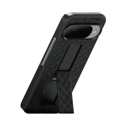 The Google Pixel 10 Pro in a Ranger V1 case using its integrated kickstand for stable, hands-free vertical viewing.