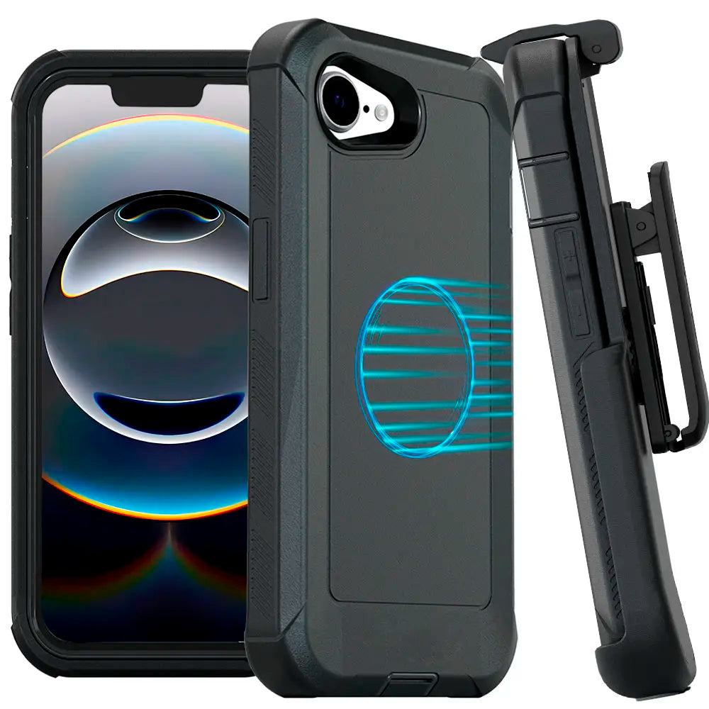 Durable iPhone 16e case with belt clip, shockproof design, kickstand, and card slot.