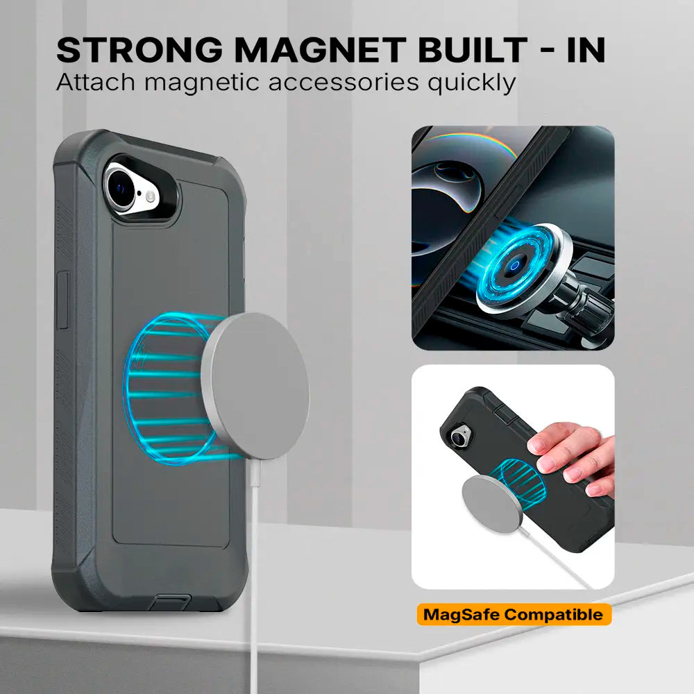 Durable iPhone 16e case with belt clip, shockproof design, built-in kickstand, and strong magnet for accessories.