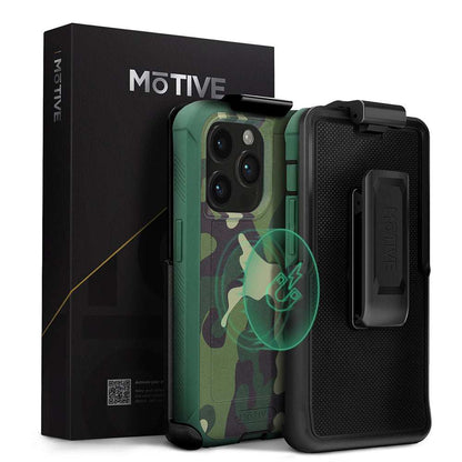 iPhone 15 Pro heavy duty case with holster and kickstand, featuring military-grade protection and wireless charging compatibility.