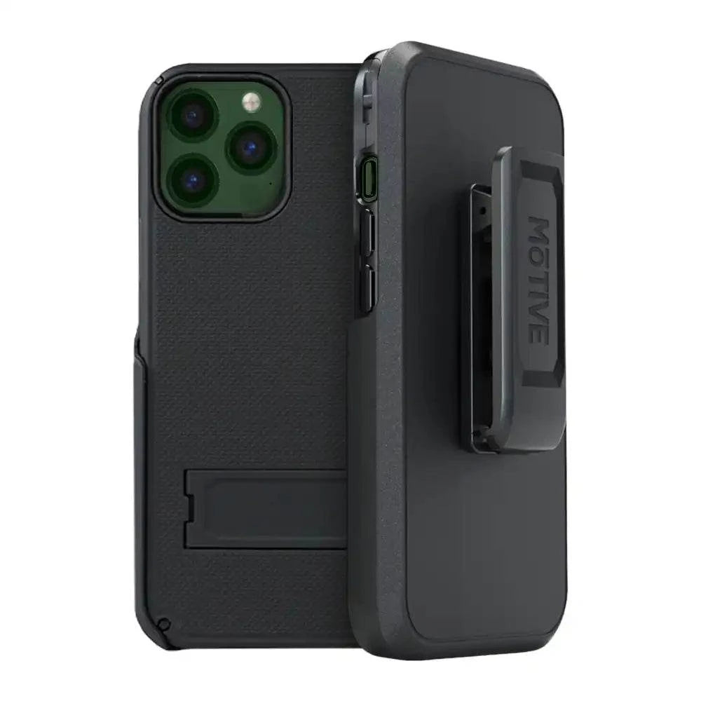 Side and back view of the Motivecase Ranger V2 case and holster for the iPhone 13 Pro Max, showing the secure belt clip.