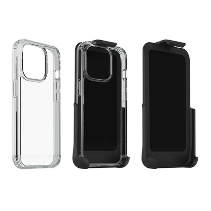 The complete Motivecase Crystal system for iPhone 14, showing the clear case, the holster, and the combined unit separately.