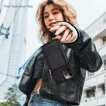 A stylish woman wearing the Motivecase Fancy Series crossbody case for the iPhone 14, showcasing the "Your Look, Your Way" versatility.