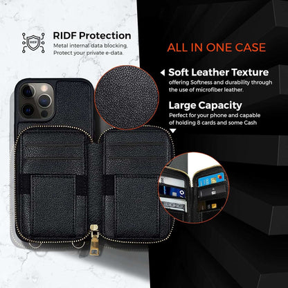 The all-in-one Motivecase Fancy Series crossbody wallet case for iPhone 14, showing its soft leather texture and large capacity.