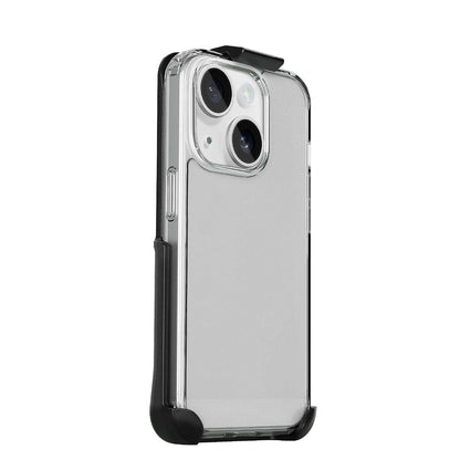 The slim Motivecase Crystal case for iPhone 14 Pro Max, shown securely fitted in its included belt holster.