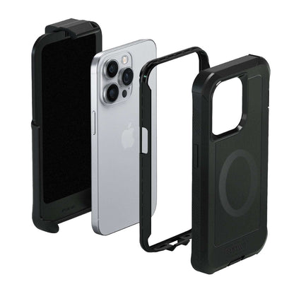 Exploded view of the Bunker case for iPhone 15 Pro Max, showing the quad-layer construction for extreme drop protection.