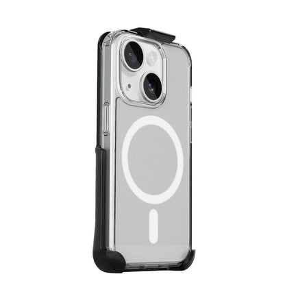 The slim iPhone 15 Pro Max Crystal case shown with its included durable belt holster.