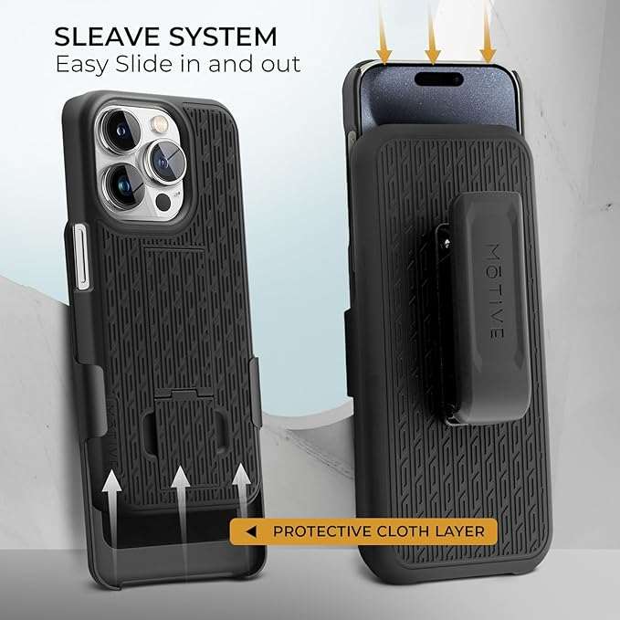 Back view of the iPhone 15 Pro Max Ranger V1 case shown with its secure-fit, professional belt clip.