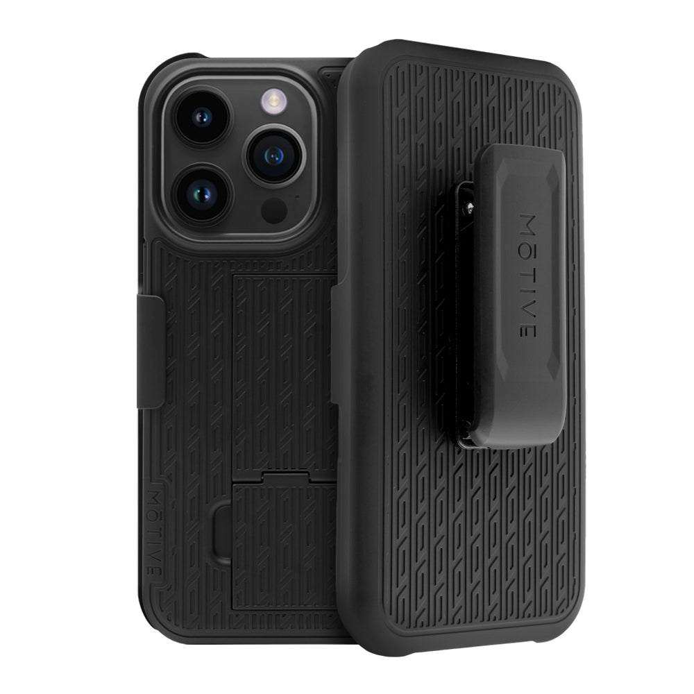 Front and back view of the slim Motivecase Ranger V1 case for the Apple iPhone 15 Pro Max.