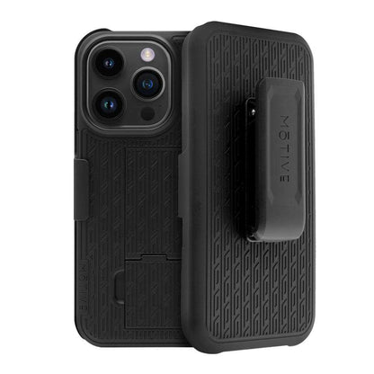 Front and back view of the slim Motivecase Ranger V1 case for the Apple iPhone 15 Pro Max.