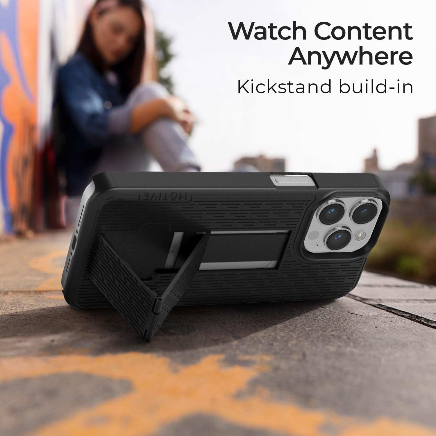 The iPhone 15 Pro Max in a Ranger V1 case using its integrated kickstand for stable, hands-free vertical viewing.