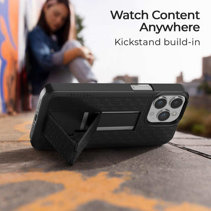 The iPhone 15 Pro Max in a Ranger V1 case using its integrated kickstand for stable, hands-free vertical viewing.