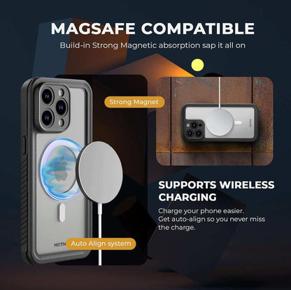 Back view of the Waterproof case for iPhone 15 Pro Max showing its crystal-clear design and MagSafe compatibility.