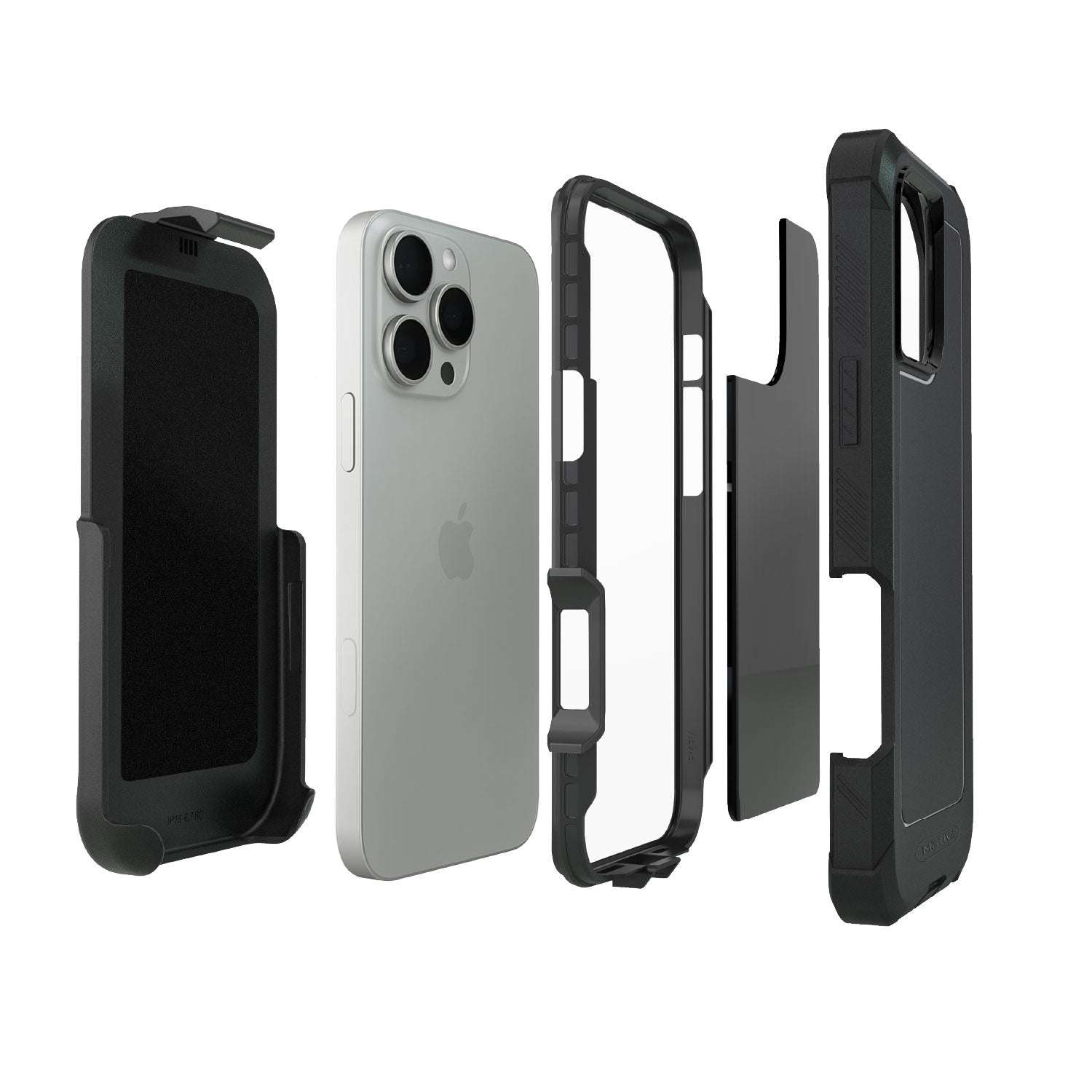 Exploded view of the Bunker case for iPhone 16 Pro Max, showing the quad-layer construction for extreme drop protection.
