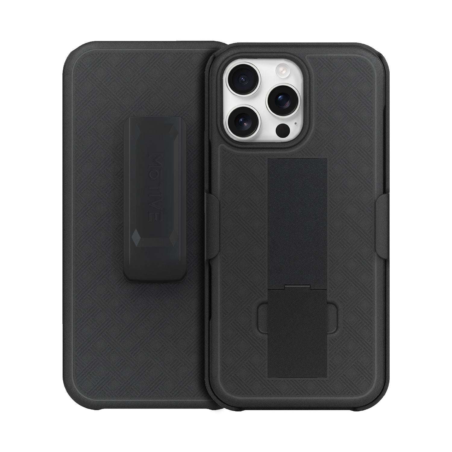 Front and back view of the slim Motivecase Ranger V1 case for the Apple iPhone 16 Pro Max.