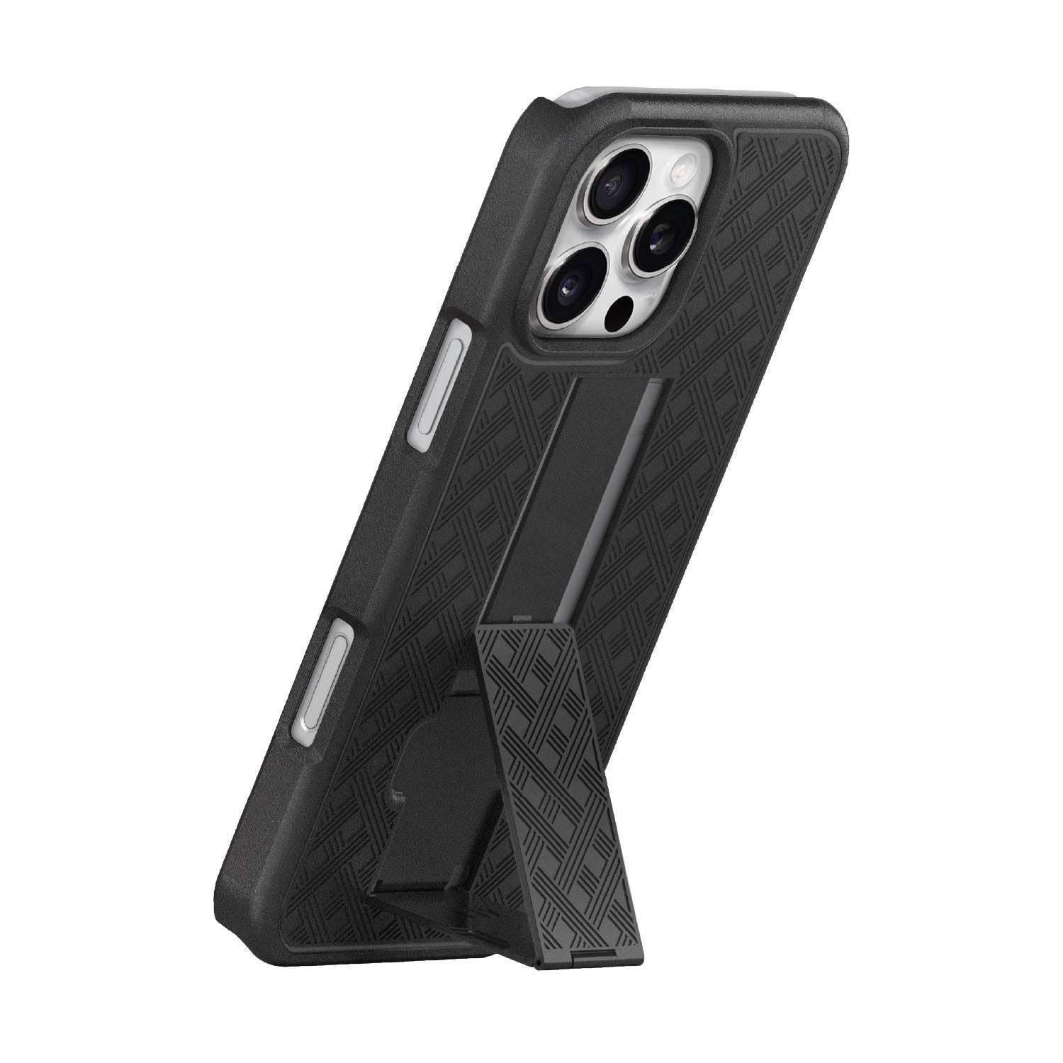 The iPhone 16 Pro Max in a Ranger V1 case using its integrated kickstand for stable, hands-free vertical viewing.