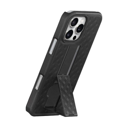 The iPhone 16 Pro Max in a Ranger V1 case using its integrated kickstand for stable, hands-free vertical viewing.