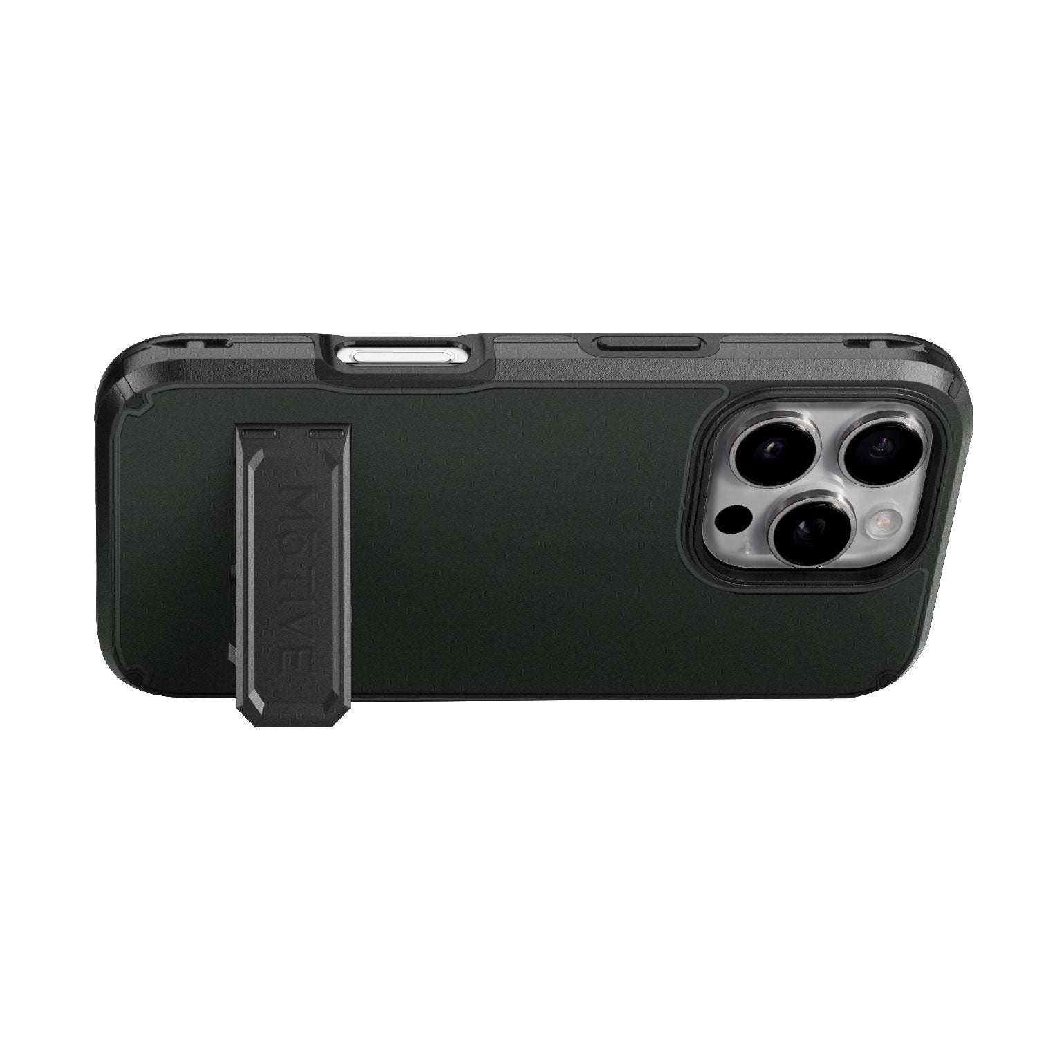 The iPhone 16 Pro Max in a Ranger V2 case using its integrated kickstand for hands-free horizontal viewing.