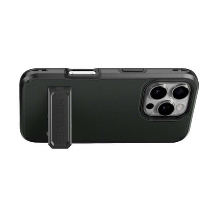 The iPhone 16 Pro Max in a Ranger V2 case using its integrated kickstand for hands-free horizontal viewing.