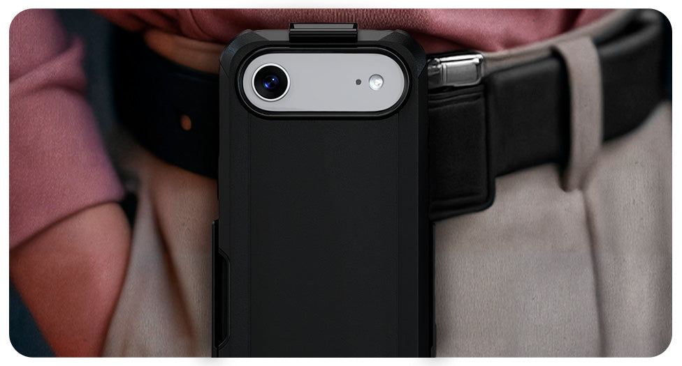 The Motivecase Bunker case for iPhone 17 shown on a belt with a professional and elegant look, demonstrating its versatile holster.