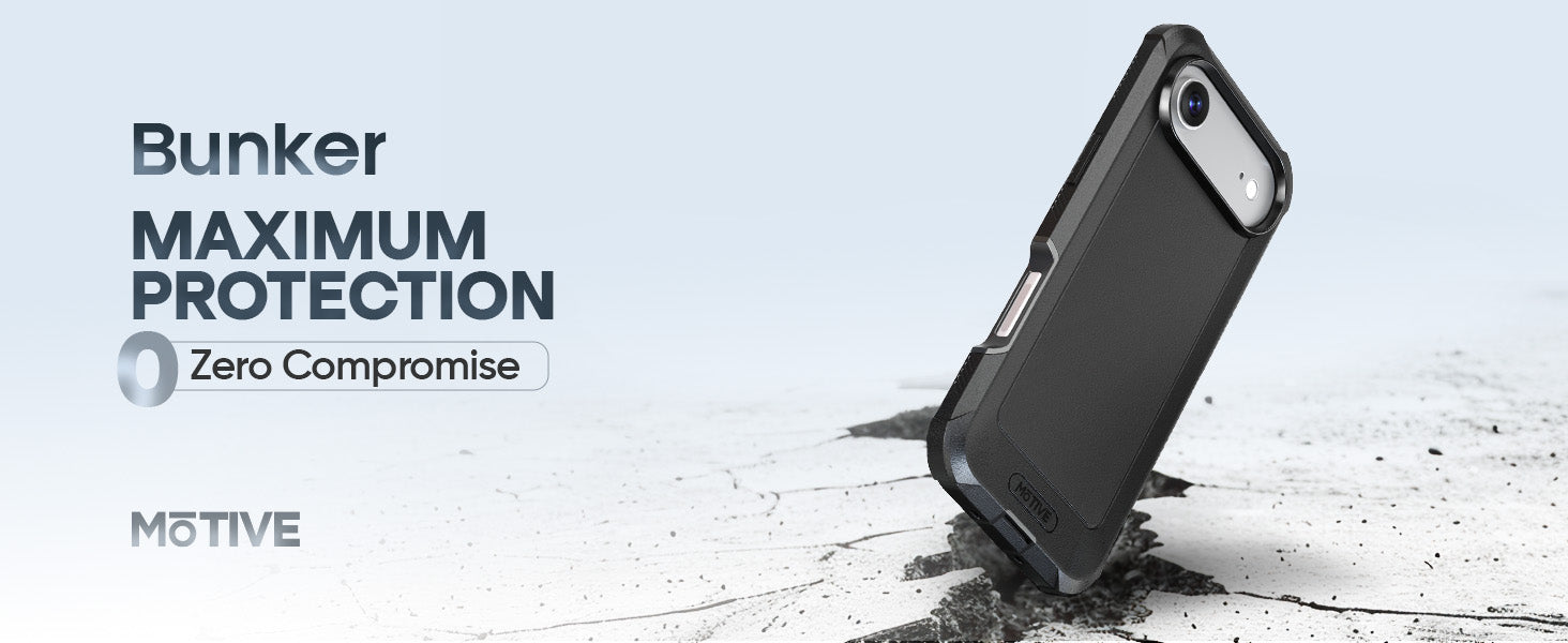 Motivecase Bunker case for iPhone 17 demonstrating maximum protection on a cracked, rugged surface.