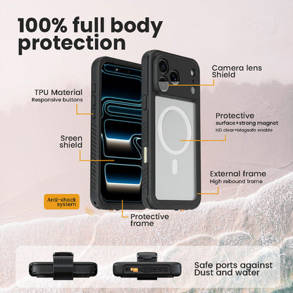 Diagram of the iPhone 17 Pro Waterproof case showing 100% full body protection, featuring TPU material, built-in screen and camera lens shields, and ports sealed against dust and water.