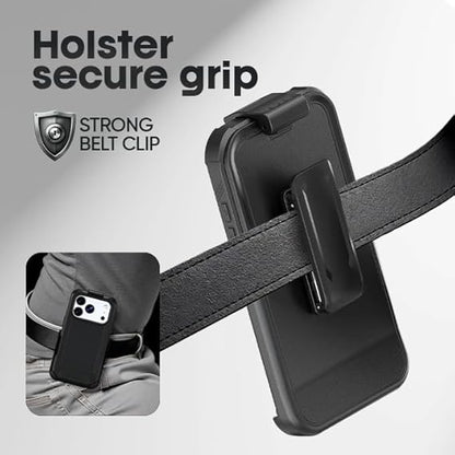 The heavy-duty holster and belt clip attached to a belt, securing the iPhone 17 Pro Max Bunker Series case for hands-free carrying.