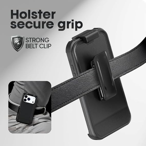 The heavy-duty holster and belt clip attached to a belt, securing the iPhone 17 Pro Max Bunker Series case for hands-free carrying.