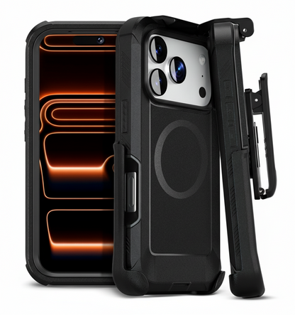 Front, back, and profile views of the Motivecase Bunker Series heavy duty case for iPhone 17 Pro Max, showing the quad-layer design and precise fit