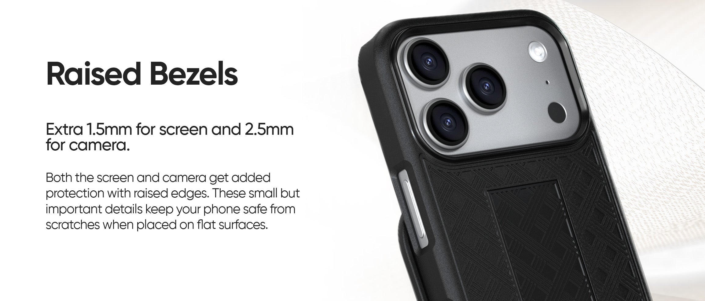 View of the raised bezels on the Ranger V1 case, showing the 1.5mm lift for screen protection and 2.5mm lift for camera protection on the iPhone 17 Pro Max.