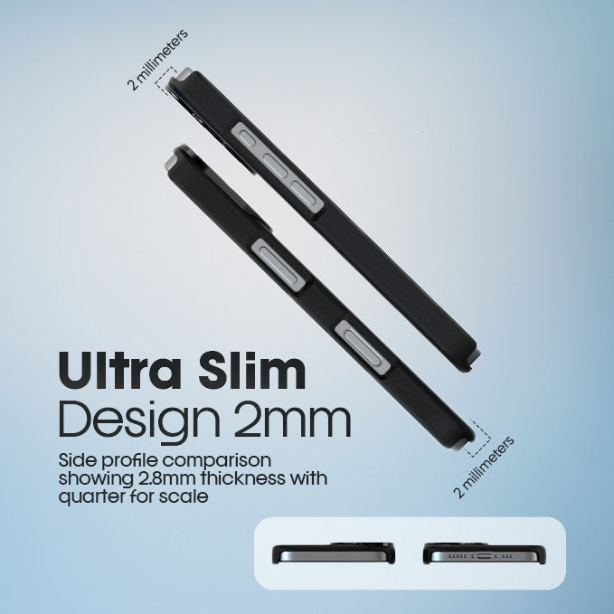 Side profile views of the iPhone 17 Pro Max Ranger V1 case, showcasing its ultra-slim 2mm design that fits easily in pockets without compromising protection.