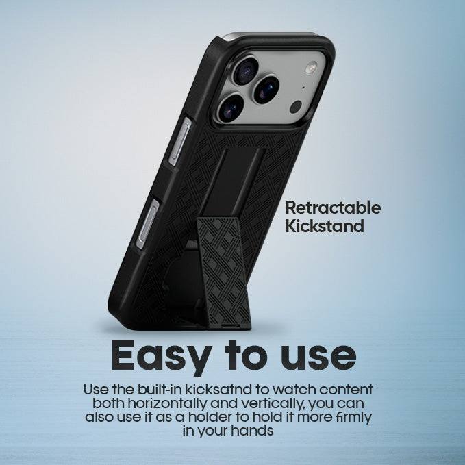 iPhone 17 Pro Max standing vertically using the Ranger V1 easy-to-use retractable kickstand, perfect for hands-free video calls and FaceID.