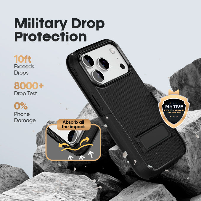 The Ranger V2 rugged case for iPhone 17 Pro Max resting on rocks, highlighting its certified 10 FT Military Drop Protection and heavy-duty durability.