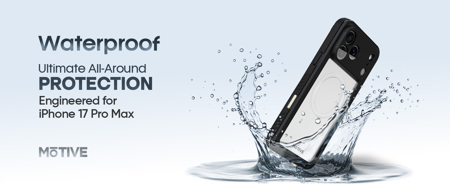Motivecase Waterproof case for iPhone 17 Pro Max splashing into water, demonstrating its ultimate all-around protection.